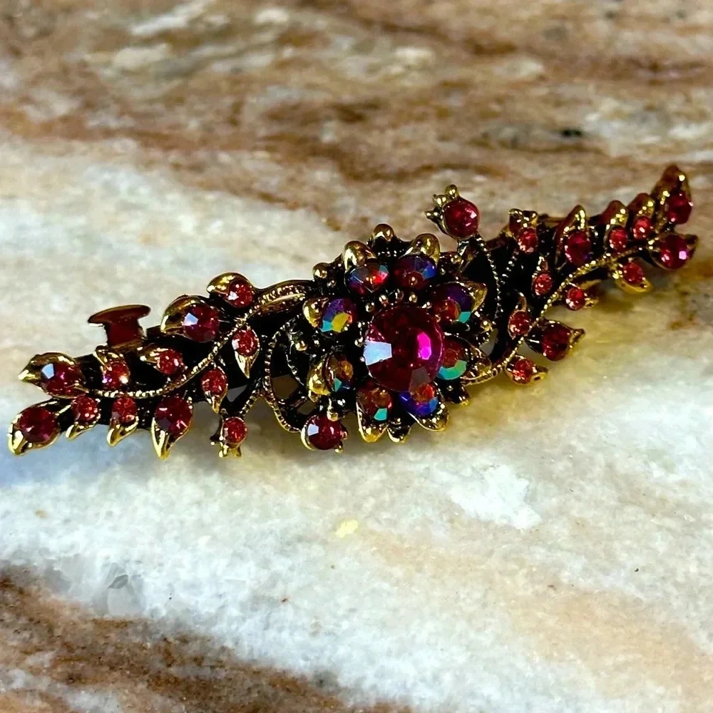 Dark Pink, Light Pink & AB Floral Crystal Rhinestone Medium Barrette Hair Clip - Picture 1 of 6